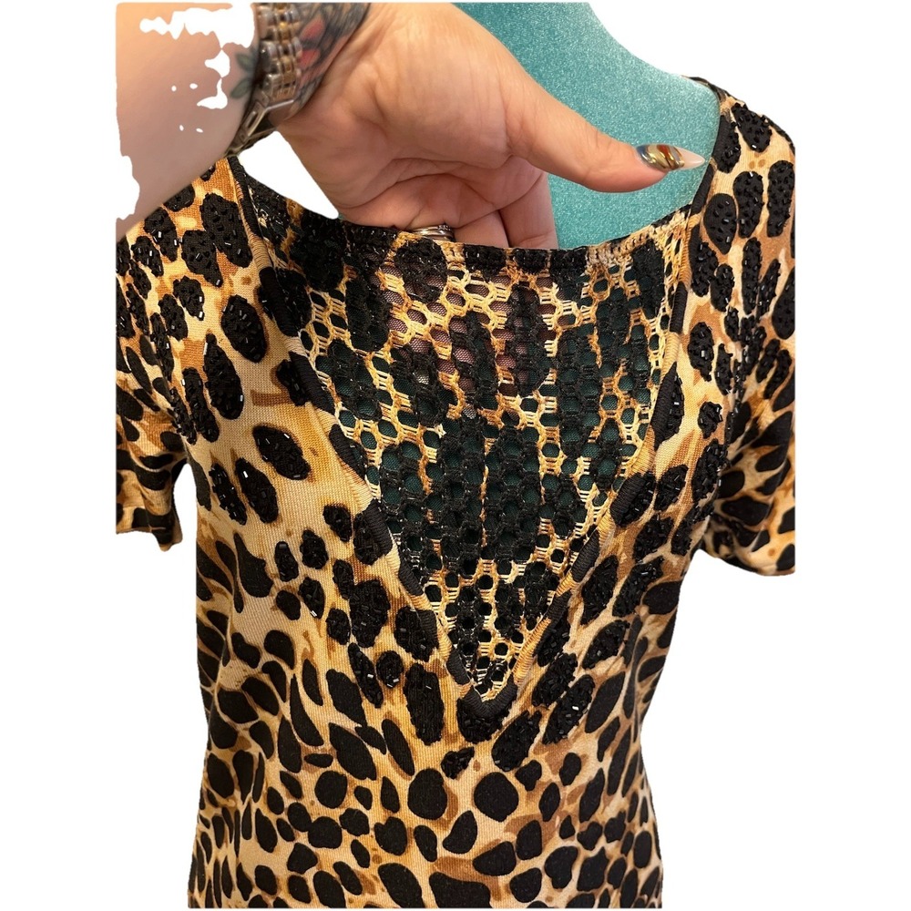 Y2K Christine Phillipe Silk Blend Leopard Print Beaded‎ Top Womens Large Animal - Picture 5 of 7
